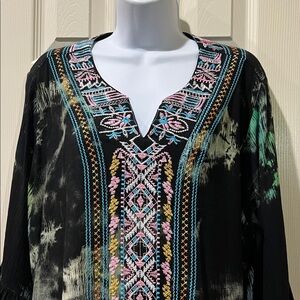 Calessa Womens Embroidered V-Neck Black Tie-Dye Tunic Multicolor Trim Sz XL Boho